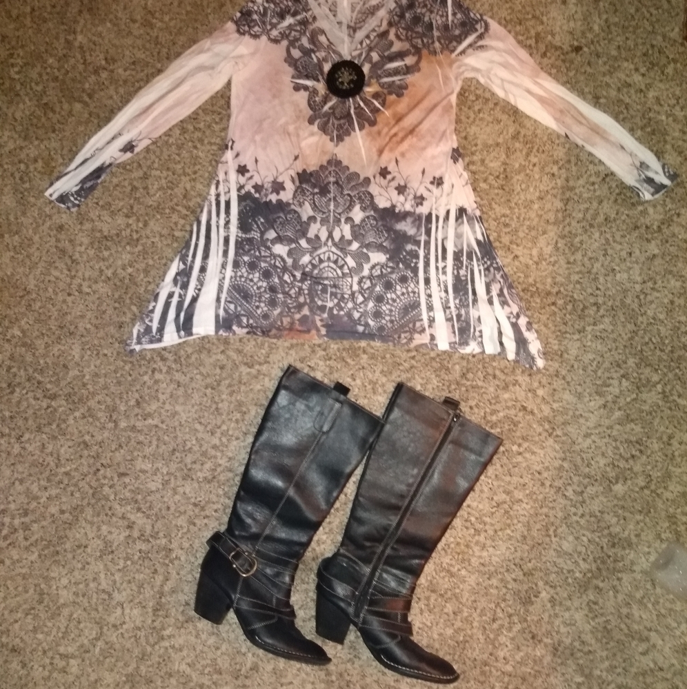 White house/ black market dress blouse and BCBG knee high boots